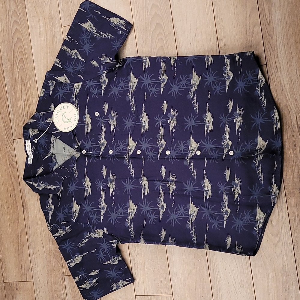 CRIQUET Austin Tx Dark Navy Palm Trees Cotton Sz M Mens Short Sleeve Shirt NEW